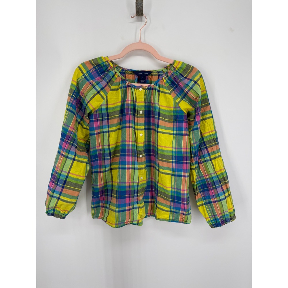 Ralph Lauren Blouse Kids Size 14 Yellow Multi Plaid Madras Long Sleeve Button Up